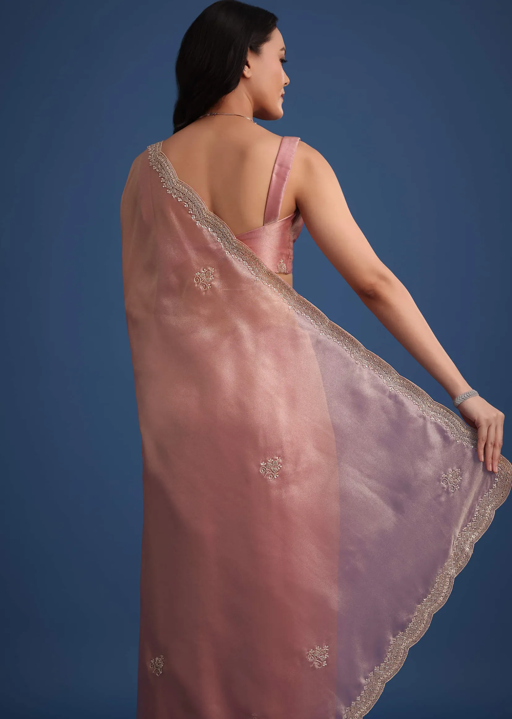 Pink Tissue Silk Embroidered Saree With Embellished Scallop Border