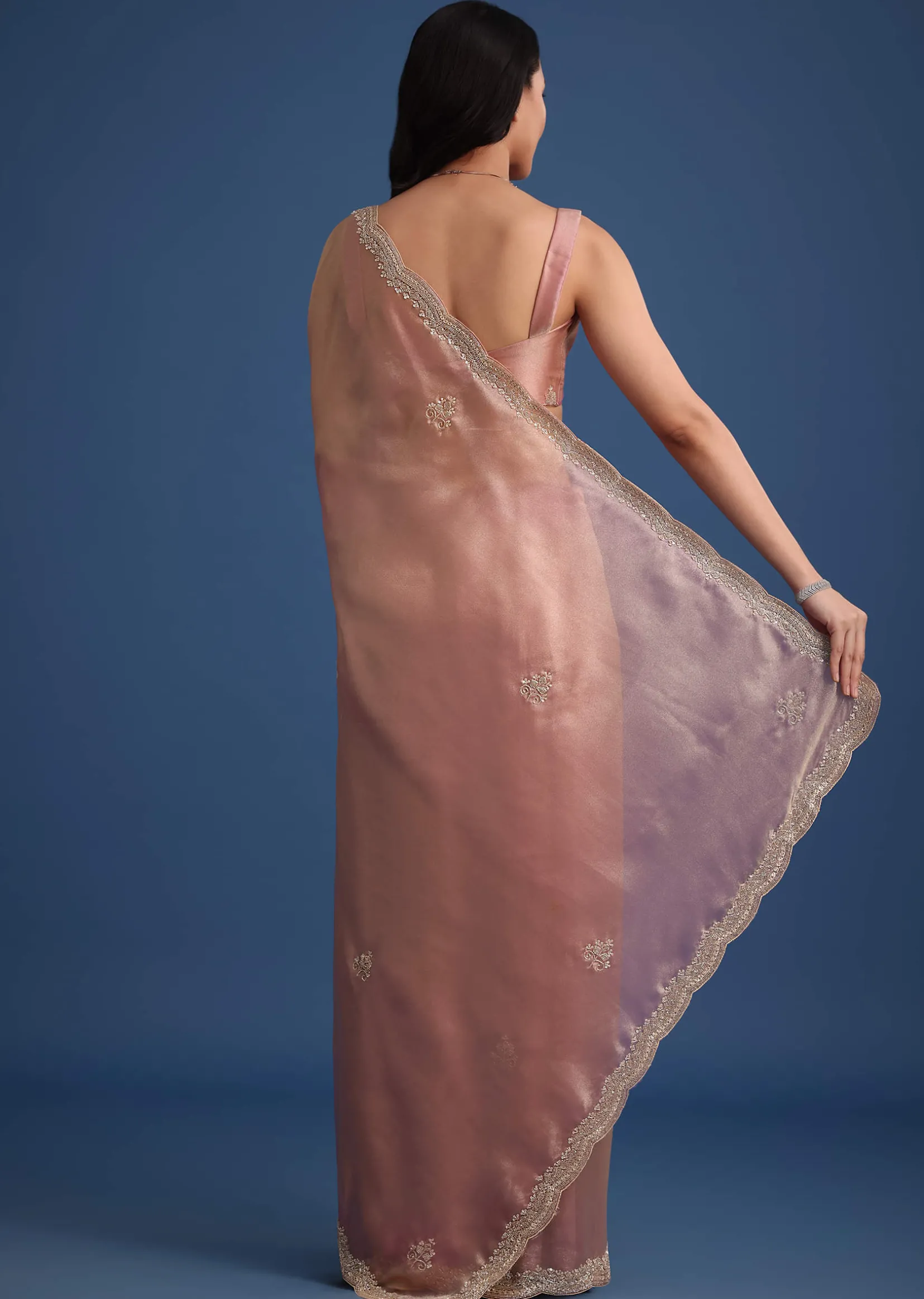 Pink Tissue Silk Embroidered Saree With Embellished Scallop Border