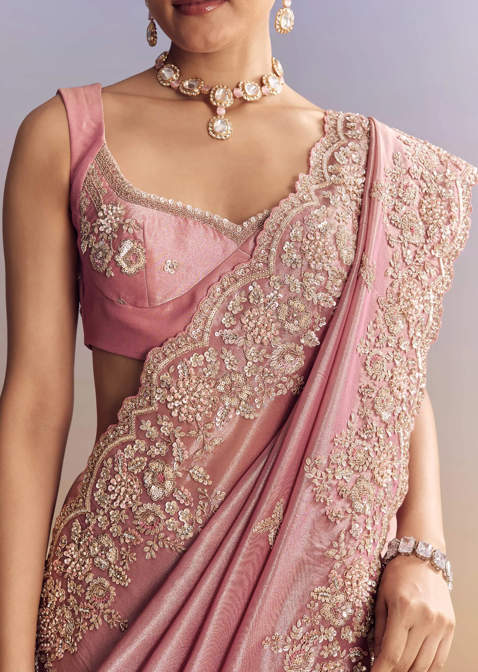 Pink Tissue Silk Saree With Scalloped Border