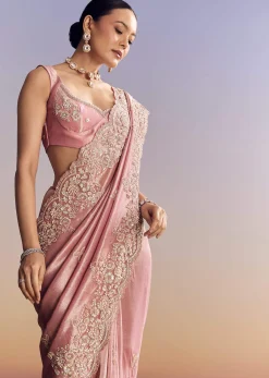 Pink Tissue Silk Saree With Scalloped Border