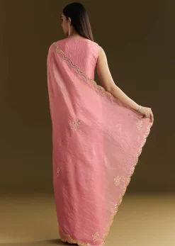 Pink Tissue Zardozi Saree With Scallop Border