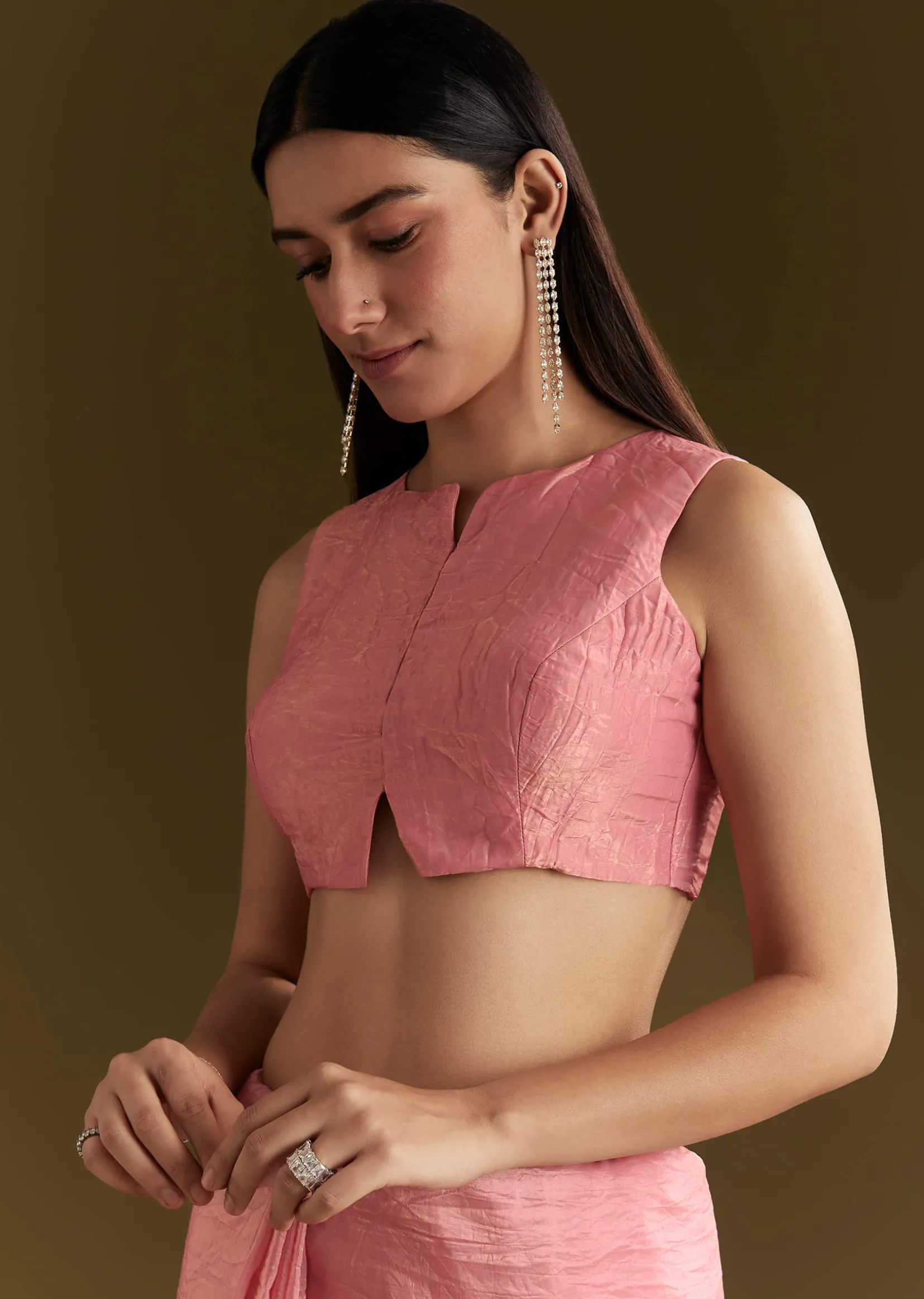 Pink Tissue Zardozi Saree With Scallop Border