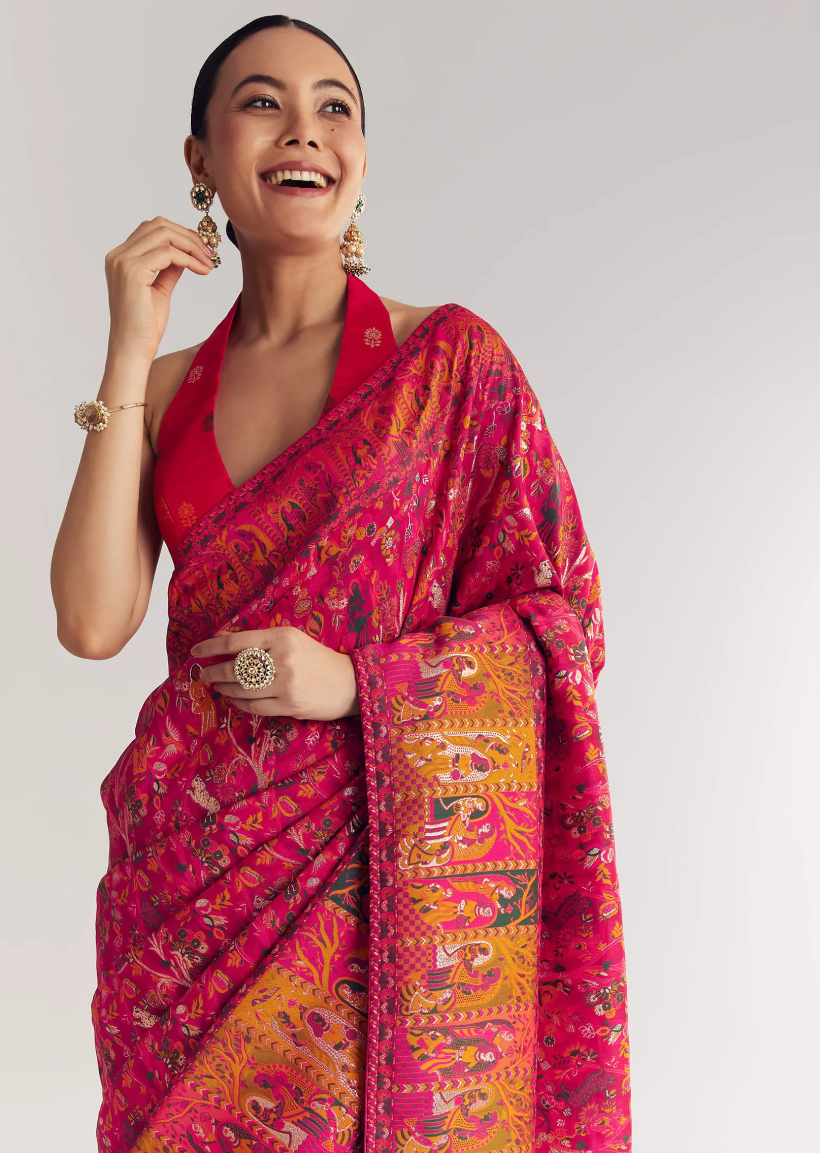 Pink Traditional Element Printed Woven Saree