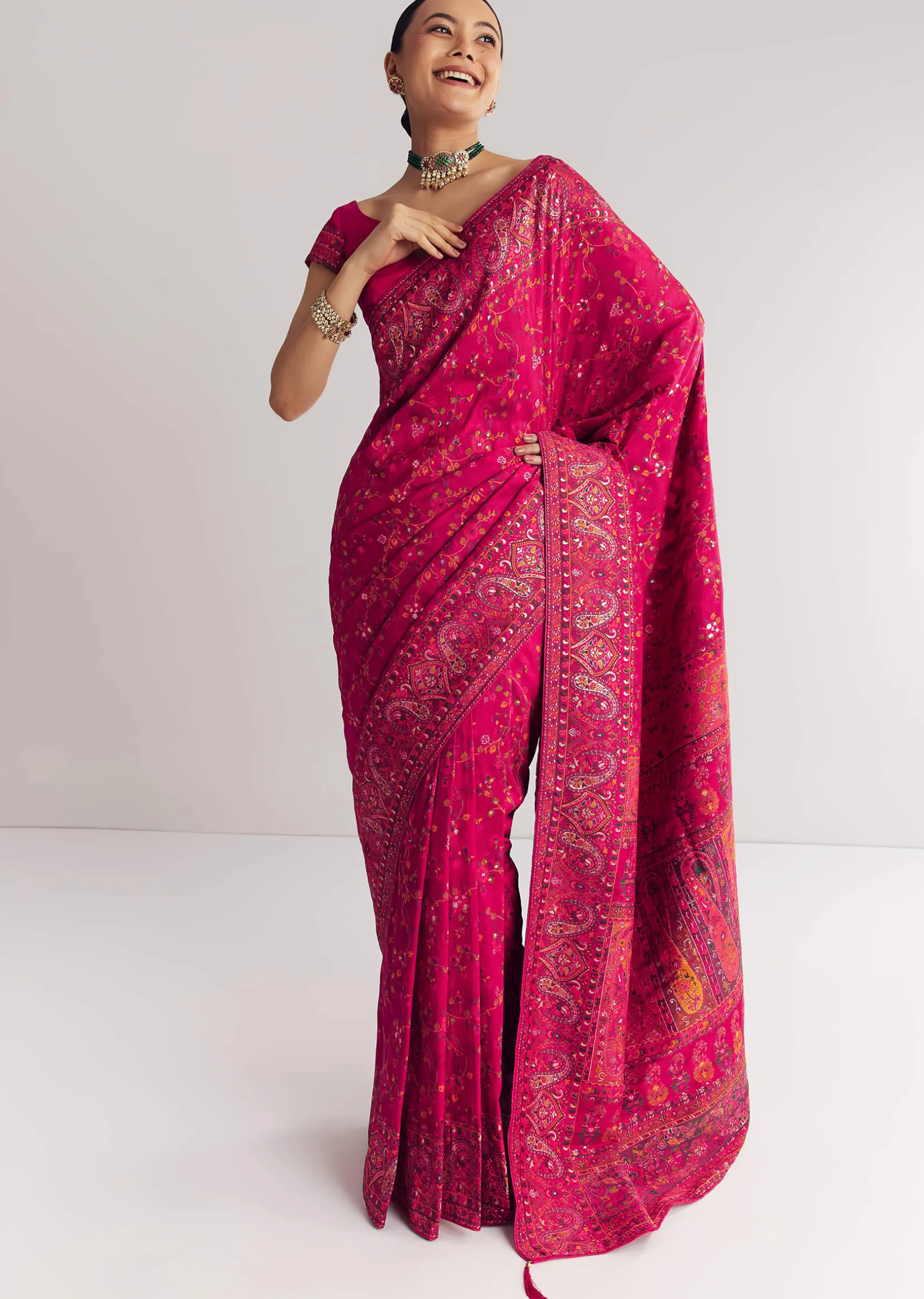 Pink Traditional Floral And Jaal Woven Saree