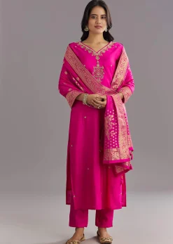 Pink Viscose Silk Kurta Set With Zari Moti and Cut Dana Work