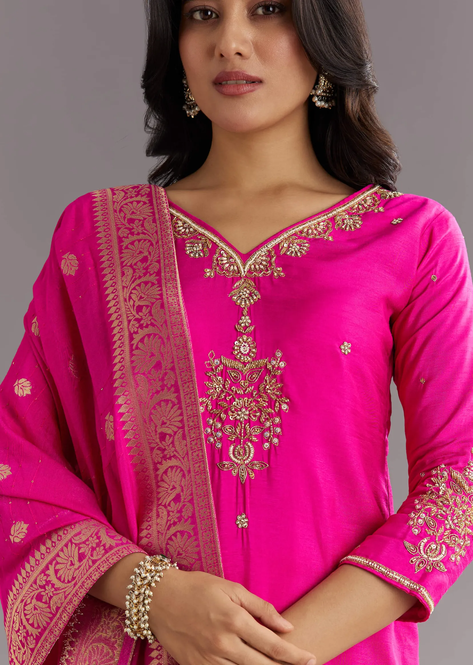 Pink Viscose Silk Kurta Set With Zari Moti and Cut Dana Work