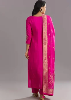 Pink Viscose Silk Kurta Set With Zari Moti and Cut Dana Work