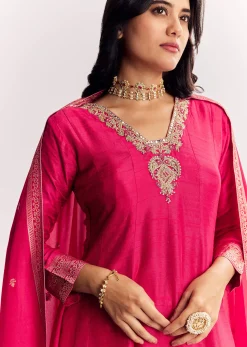 Pink Weave Silk Anarkali Suit With Dupatta