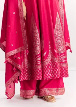Pink Weave Silk Anarkali Suit With Dupatta