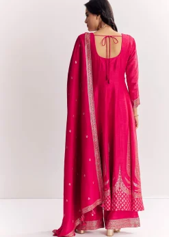 Pink Weave Silk Anarkali Suit With Dupatta