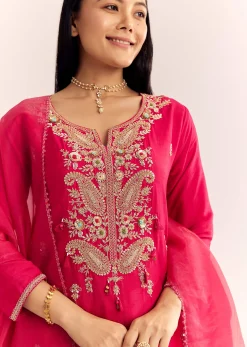 Pink Zardosi Work Dola Silk Kurta Pant With Organza Dupatta