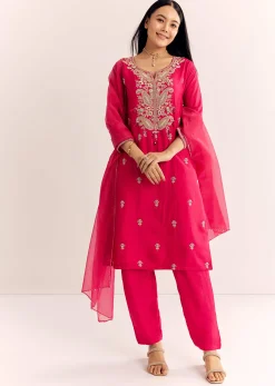 Pink Zardosi Work Dola Silk Kurta Pant With Organza Dupatta