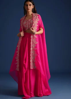 Pink Zardozi Embroidered Jacket With Skirt And Crop Top