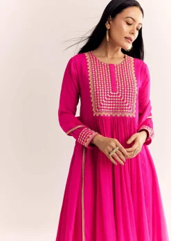 Pink Zari Neckline Chinon Anarkali Suit With Dupatta