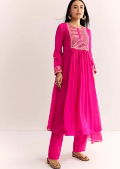 Pink Zari Neckline Chinon Anarkali Suit With Dupatta