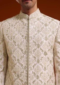 Pink Zari Pearl and Resham Embroidered Sherwani Set