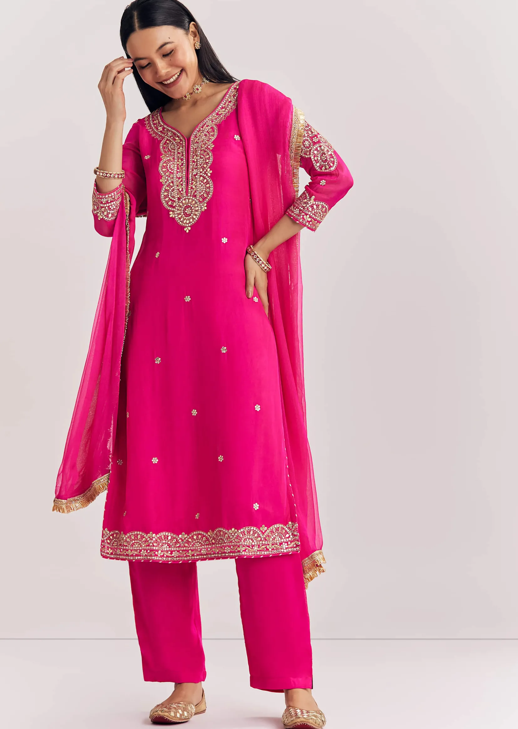 Pink Zari Work Kurta Set With Chiffon Dupatta
