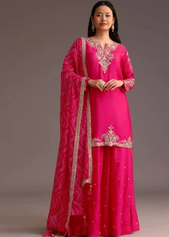 Pink Zari Work Palazzo Set With Organza Dupatta