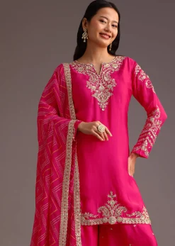 Pink Zari Work Palazzo Set With Organza Dupatta