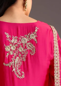 Pink Zari Work Palazzo Set With Organza Dupatta
