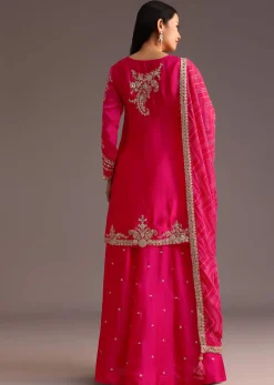 Pink Zari Work Palazzo Set With Organza Dupatta