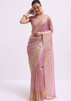 Pink Zari Woven Chanderi Saree With Unstitched Blouse