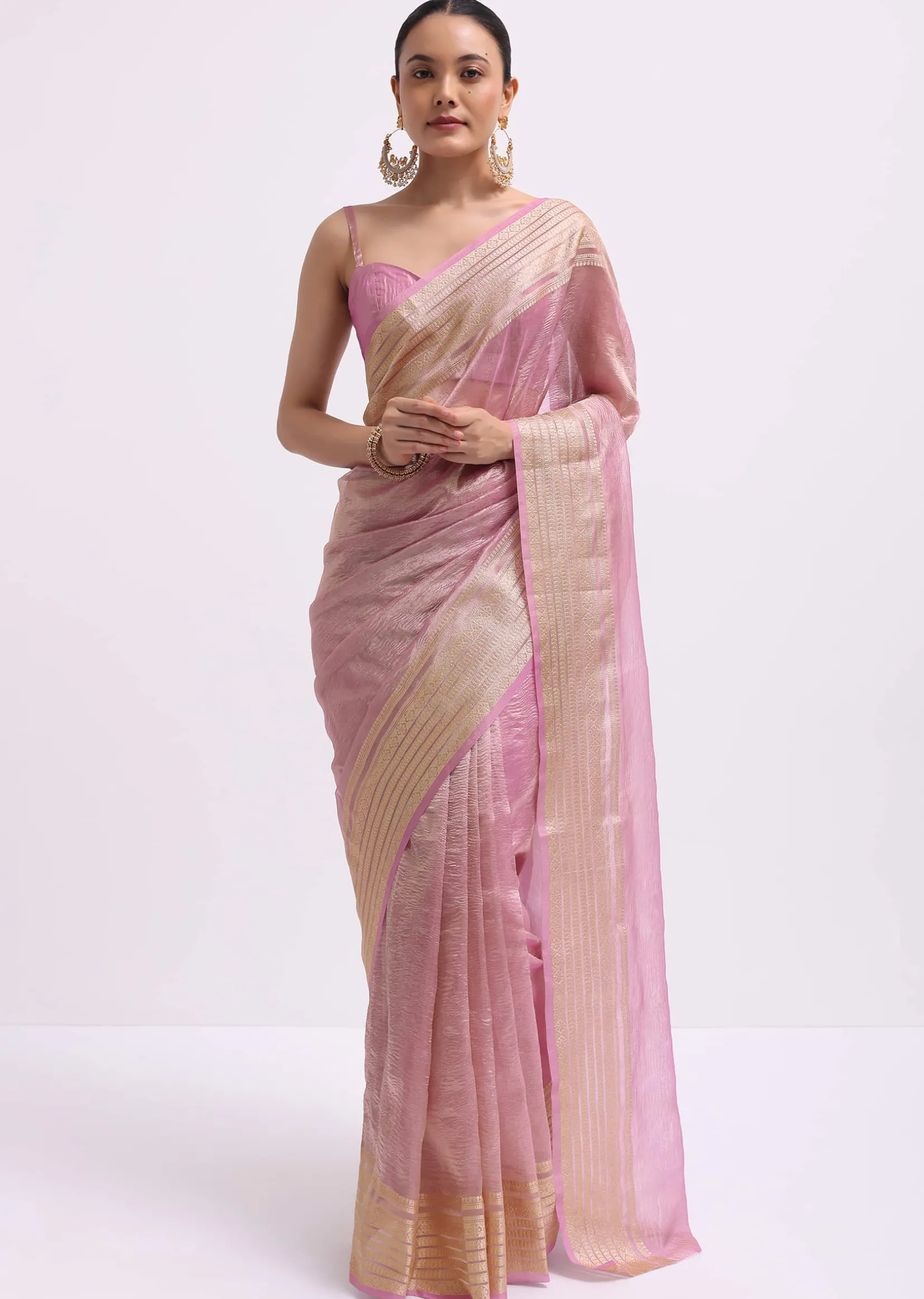 Pink Zari Woven Chanderi Saree With Unstitched Blouse
