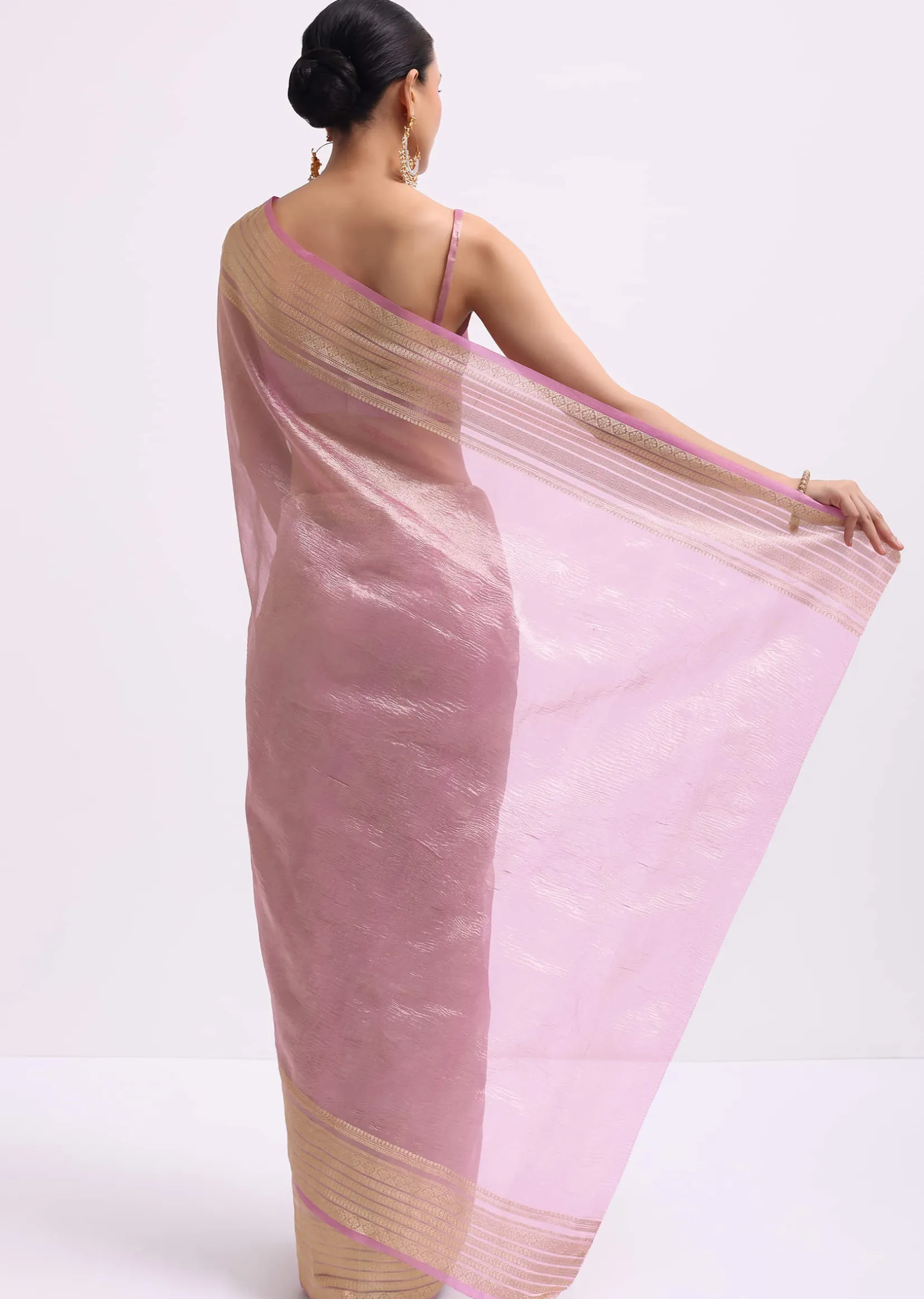 Pink Zari Woven Chanderi Saree With Unstitched Blouse