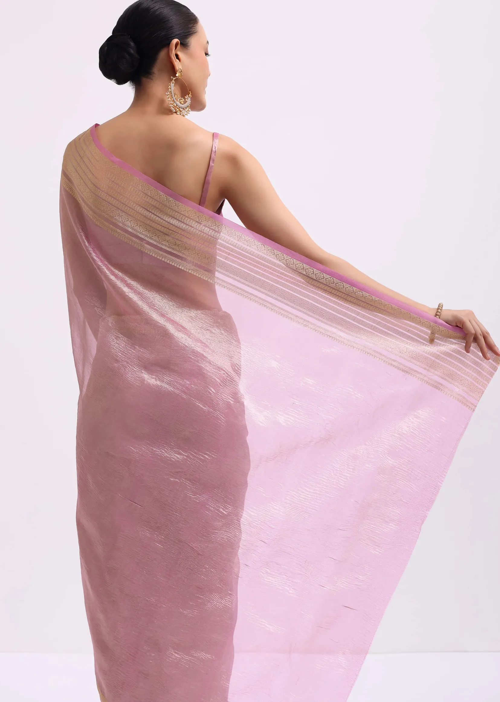 Pink Zari Woven Chanderi Saree With Unstitched Blouse