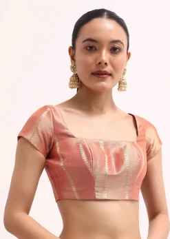 Pinkish Gold Zari Chanderi Silk Saree With Unstitched Border