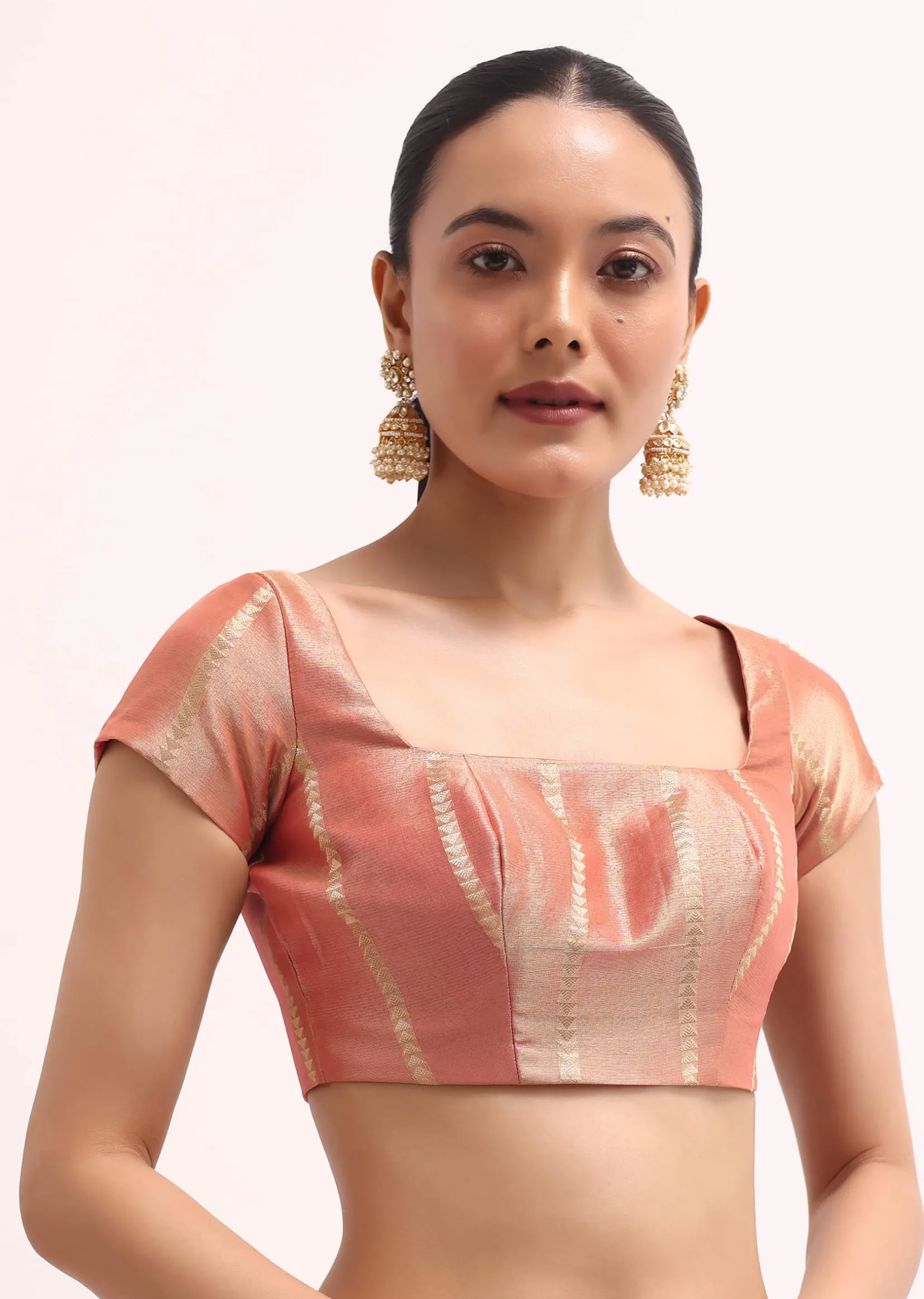 Pinkish Gold Zari Chanderi Silk Saree With Unstitched Border