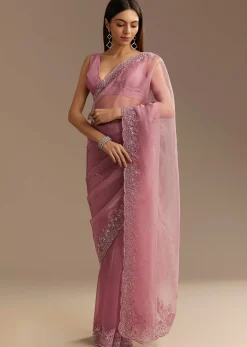 Pinkish Lavender Tissue Saree With Sequins Cutdana And Scallop Border