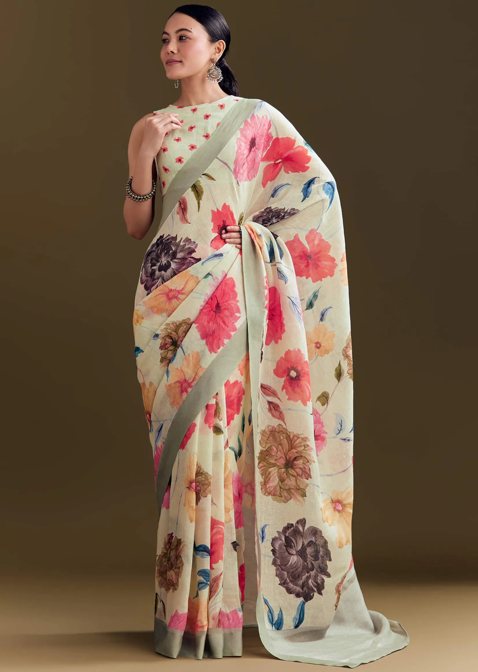 Pista Cotton Linen Saree With Multicolor Florals