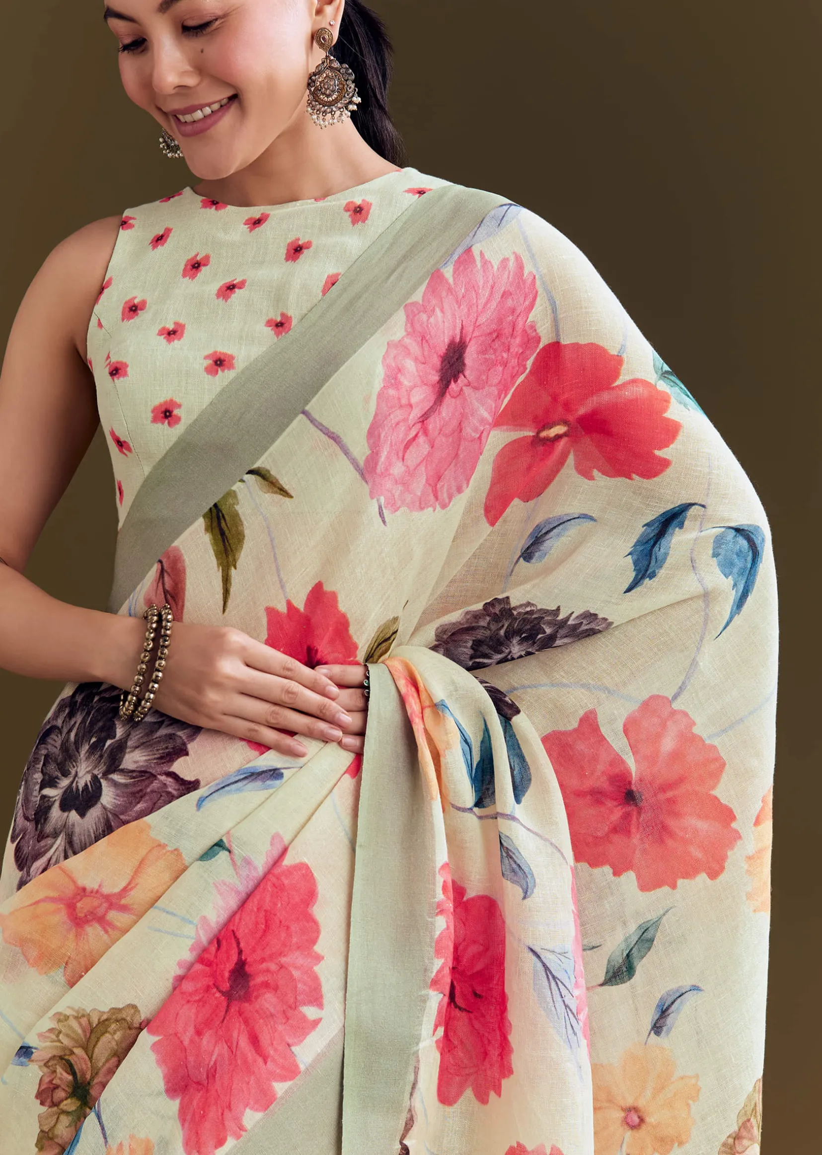 Pista Cotton Linen Saree With Multicolor Florals
