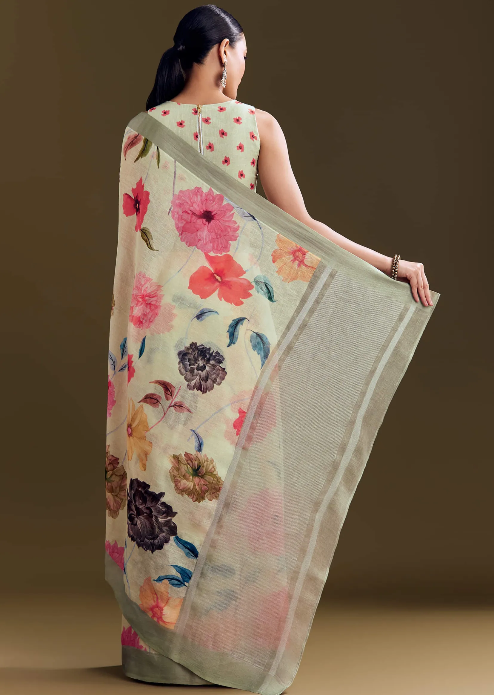 Pista Cotton Linen Saree With Multicolor Florals