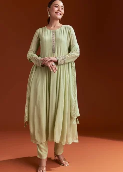 Pista Green Chinon Anarkali Suit With Beads And Stone Work
