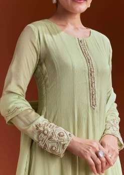Pista Green Chinon Anarkali Suit With Beads And Stone Work