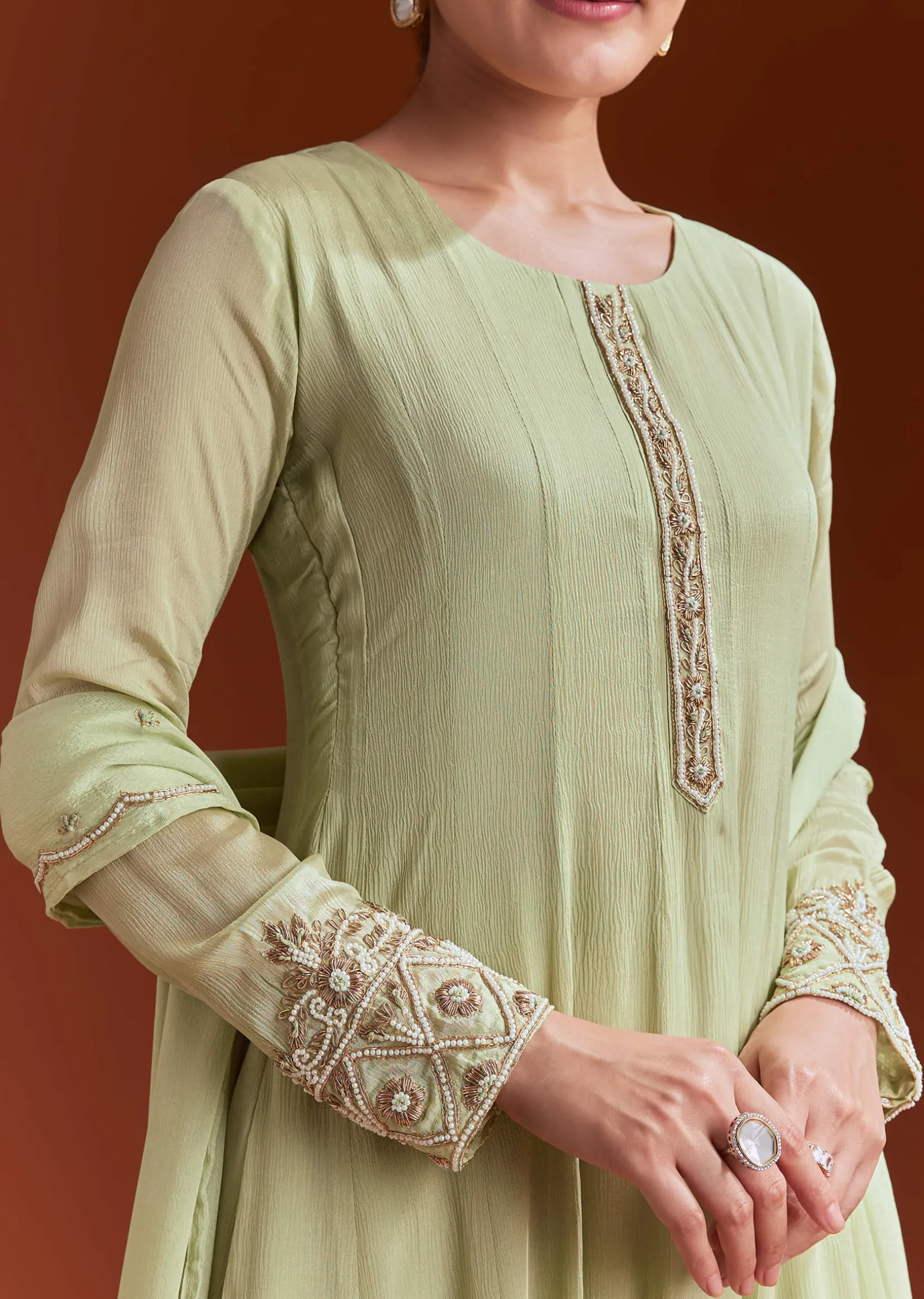 Pista Green Chinon Anarkali Suit With Beads And Stone Work