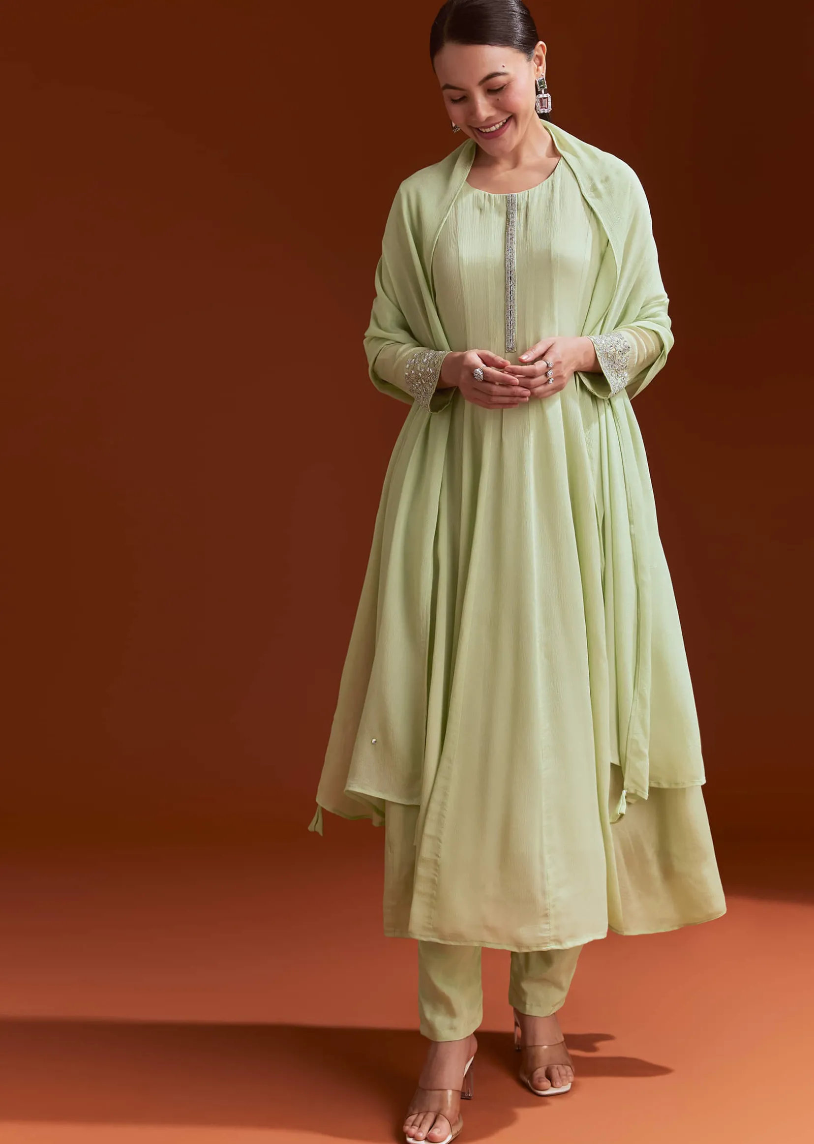 Pista Green Chinon Beaded Stone Work Anarkali Suit