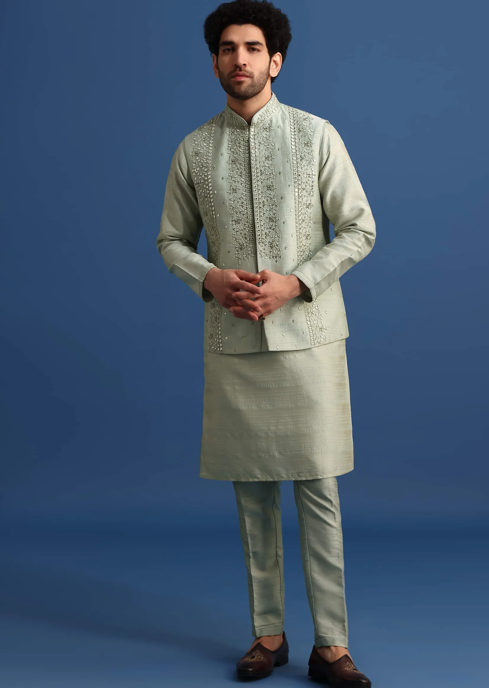 Pista Green Cotton Silk Kurta Jacket Set With Resham And Mirror Work