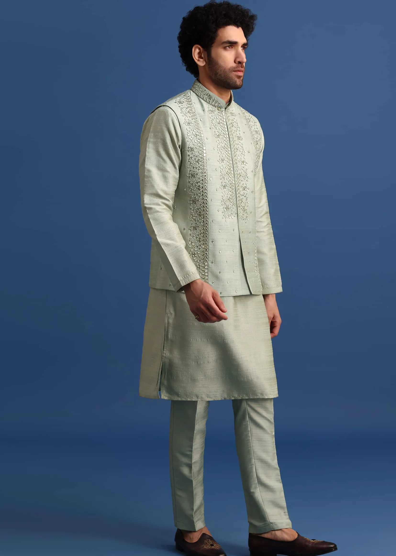 Pista Green Cotton Silk Kurta Jacket Set With Resham And Mirror Work