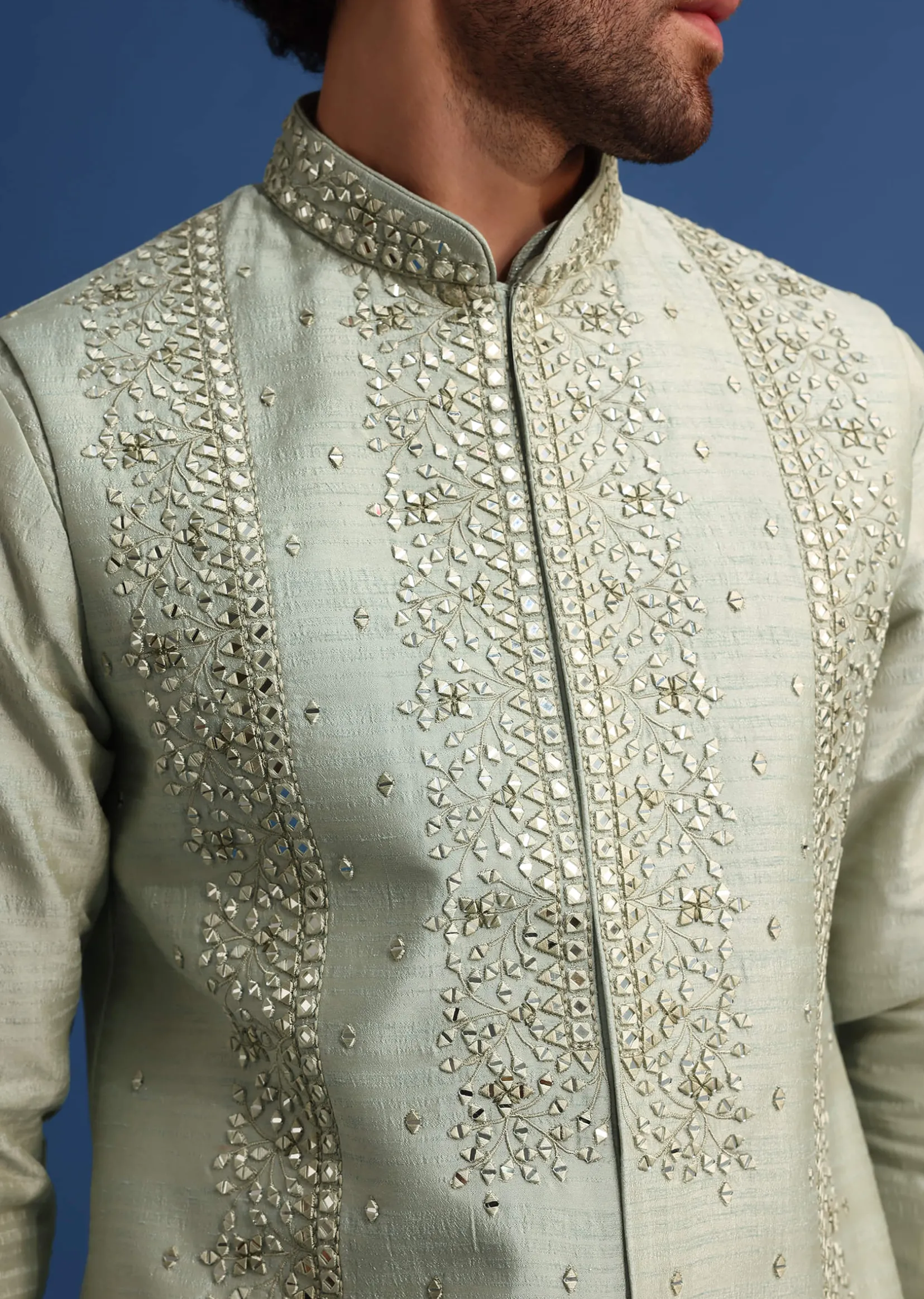 Pista Green Cotton Silk Kurta Jacket Set With Resham And Mirror Work