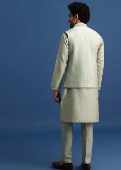 Pista Green Cotton Silk Kurta Jacket Set With Resham And Mirror Work