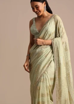 Pista Green Embroidered Georgette Saree With Unstitched Blouse