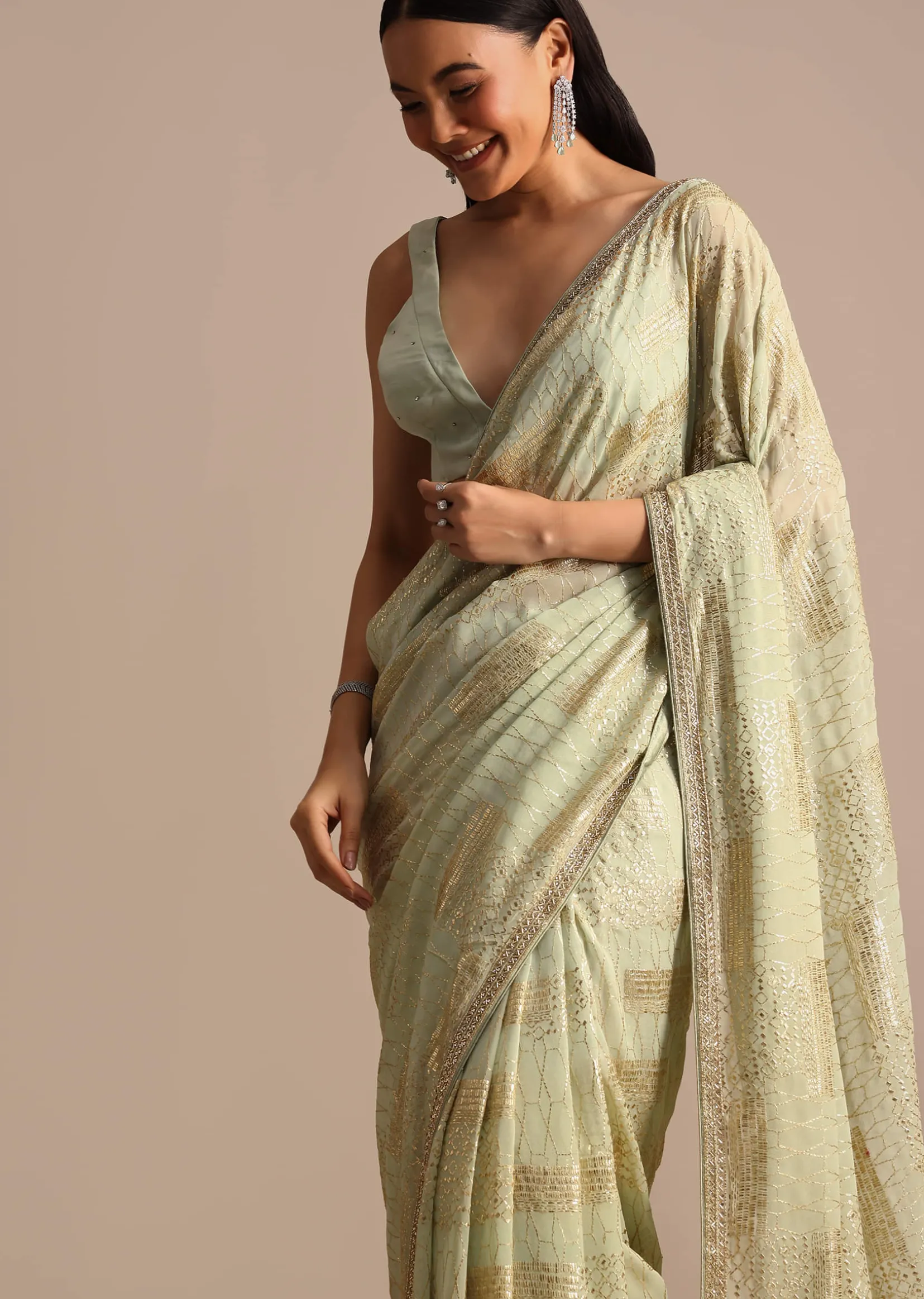 Pista Green Embroidered Georgette Saree With Unstitched Blouse