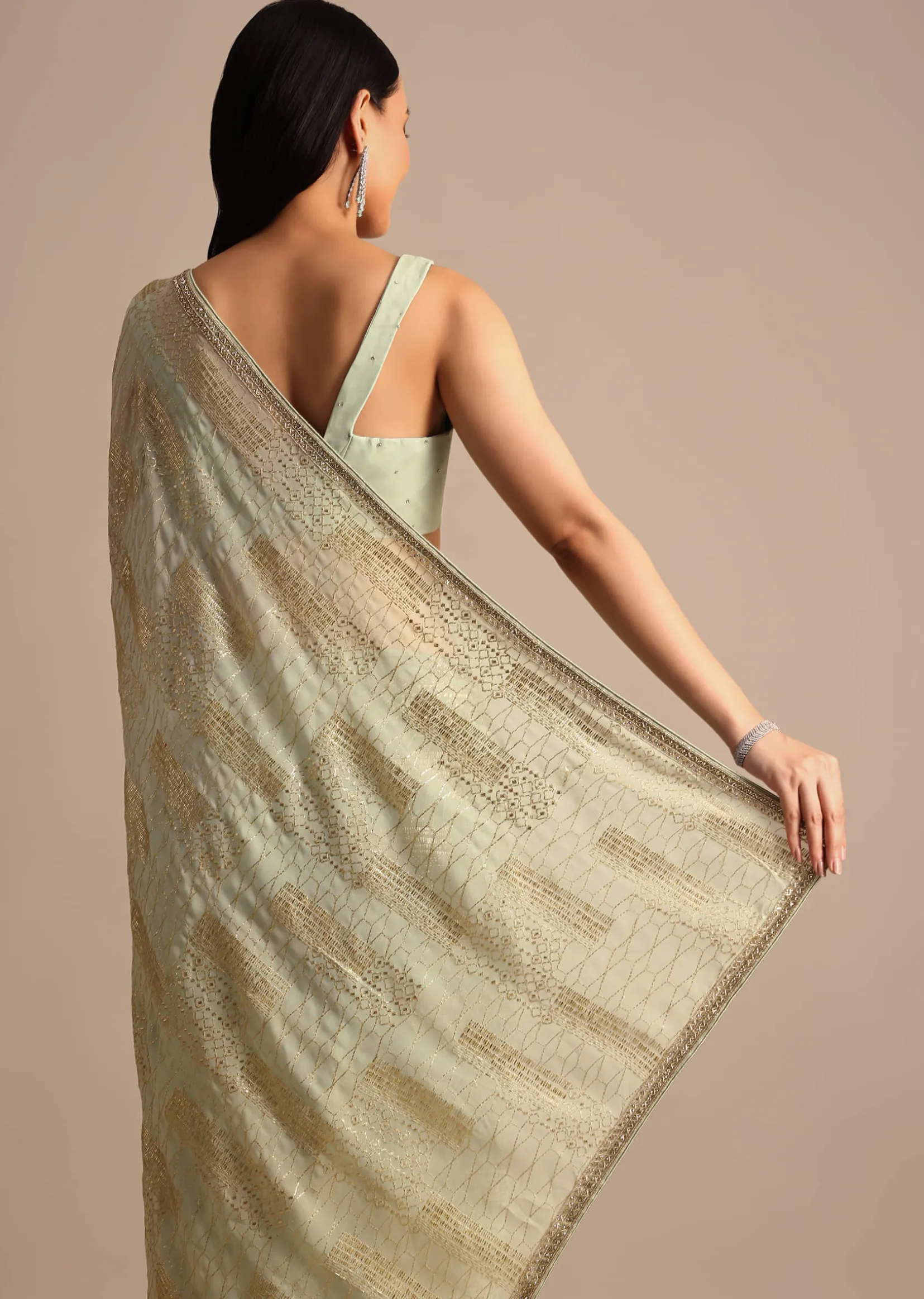 Pista Green Embroidered Georgette Saree With Unstitched Blouse