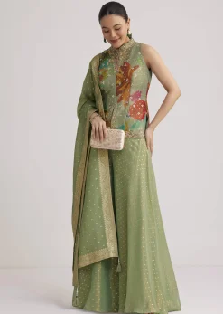 Pista Green Floral Embroidered Palazzo Set