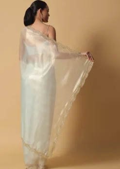 Pista Green Foil Saree In Tissue With Cut Dana Embroidered Borders