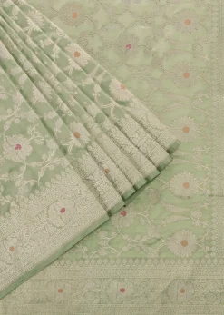 Pista Green Handloom Banarasi Saree In Katan Silk With Meenakari Weave And Unstitched Blouse