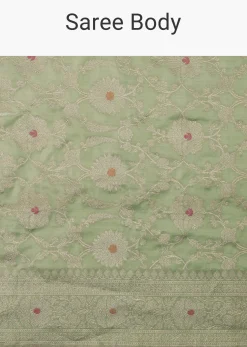 Pista Green Handloom Banarasi Saree In Katan Silk With Meenakari Weave And Unstitched Blouse